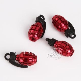 4pcs Red Grenade Style Wheel Tyre Tire Metal Valve Stems Caps Air Dust Covers