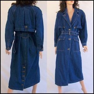Vtg 70s 80s Womens Denim Trench Spy Girl Long Maxi Coat Jacket Blue Jean Duster