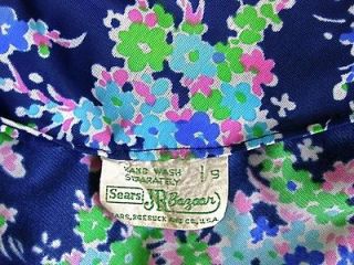 Vtg 70s Mod Blue Pink Green Floral Polyester Maxi Hippie Brady Baby Doll Dress