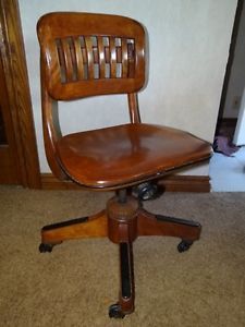 Antique Wooden Office Chair with Swivel Back Seat Solid Wood Adjustable Height