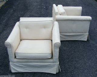Mid Century Pair Florence Knoll Club Chairs Attr White Linen Chromed Steel Frame