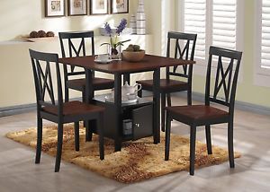 5 PC Set Black Walnut Finish Wood Dining Room Kitchen Storage Table 4 Chairs
