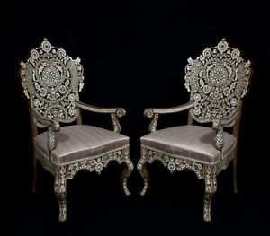 A Pair of Antique Ottoman Turkish Syrian Mother of Pearl Inlaid Wood Arm Chairs