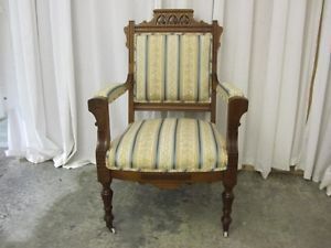 Eastlake Victorian Style Gents Chair Walnut w Fresh Upholstery Extra Nice Cond
