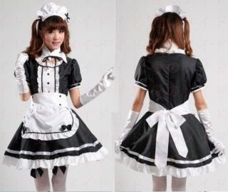 J506 New Women Short Sleeve Gothic Lolita Dress Bow School White Black Waitress