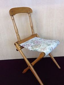 Vtg Antique Folding Wood Chair Carpet Canvas Sewing Seat Chair