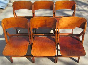 6 Antique US American Legion Wood Folding Chairs Birds Eye Maple Seats Backs