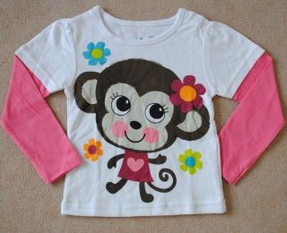 New Girls Baby Toddler Long Sleeve Cotton Layered Look Tee T Shirt Lovely Monkey