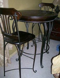 3 Piece Bar Stool Height Round Table 2 Chairs Dark Cherry Wood Wrought Iron
