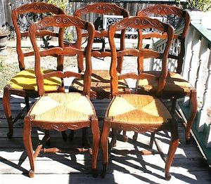 Gorgeous French Antique Oak Ladder Back Louis XV Rush Seat Chairs 19c