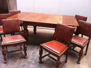 Stunning 1930s Art Deco Oak Extendable Dining Table 6 Leather Studded Chairs