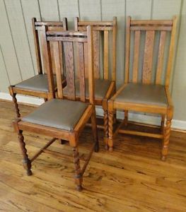 Antique Set of Four Dining Chairs Barley Twist English Oak 1920's Stretchers