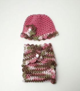Newborn Baby Girls Pink Brown Green Crochet Knit Diaper Cover Hat Photo Prop Set