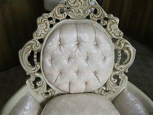 Vintage Off White French Satin Brocade Hi Back Hand Carved Wood Chair
