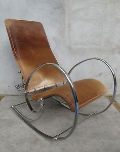 Mint Mid Century Cowhide Chrome Steel Rocking Chair Rocker Modern