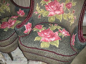 Vintage Art Deco Club Chairs Red Velvet Brass Nailhead Trim Embroidered Pair