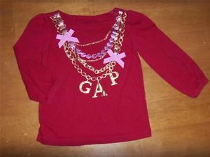 Girls Baby Gap Red Long Sleeve Necklace Print Logo Tee Shirt Top 2T K2484