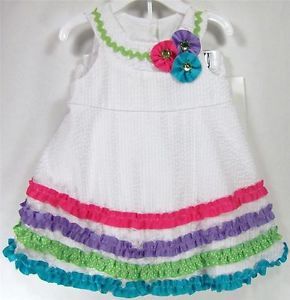 RARE Editions Baby Girl White Multicolor Rickrack Ruffle Border Seersucker Dress