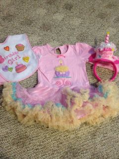 Girls 1st Birthday Outfit 18 Months Headband Tutu Dress Cupcake Bib