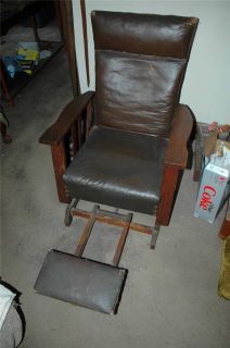 Antique Mission Oak Morris Chair Leather Recliner w Built in Foot Stool
