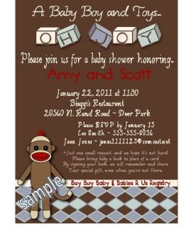 Sock Monkey Baby Shower or Birthday Invitation PDF