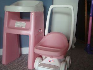 Little Tikes Child Size Pink Matching Doll High Chair Doll Stroller Combo Lot