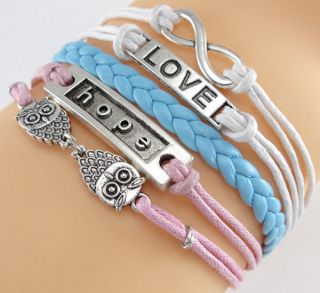 Personality Antique Infinity Power Two Owls Charm Leather Wrap Bracelet Hope Tag