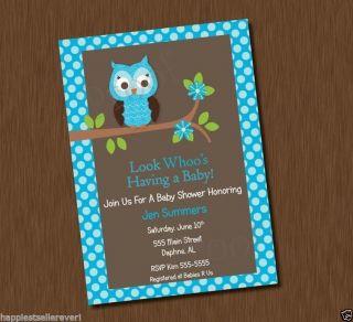 Printed Invitations Blue Damask Owl Baby Shower Birthday Boy Neutral Happi Tree