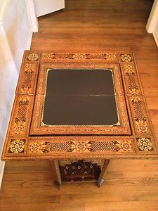 Antique Egyptian Game Table Great Inlay Folding Backgammon Game Board Leather