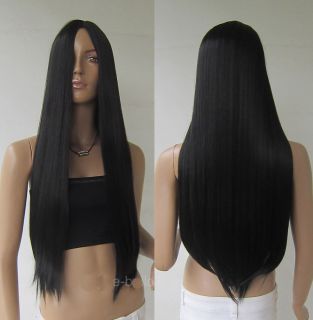 Women Black 28" Long Cosplay Party Wigs Heat Resistant Full Straight Hair Wig