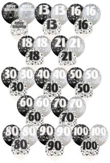 Black Silver Glitz Pack of 6 x 12" Pearlised Latex Balloons Birthday Party