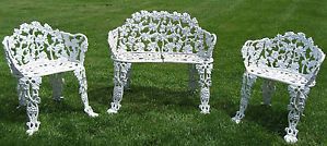 Antique Cast Iron Grape and Vine Lawn Patio Furniture Bench Two Chairs Vintage