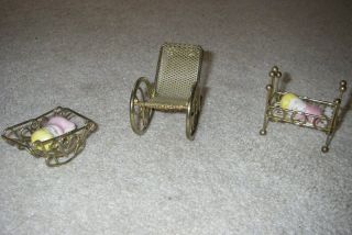 Dollhouse Miniature Baby Rocking Brass Cradle Bassinet Crib Chair 2 Babies