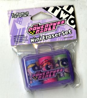 New Powerpuff Girls 3 Erasers Blossom Buttercup Bubbles in Tiny "Suitcase"