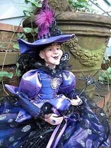 Halloween Fairy Witch Doll Primitive Folk Art Spider Jewels Wings Broom Feathers