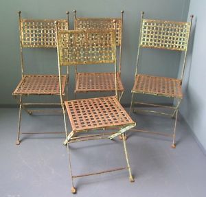 RARE Set of Four Antique French Garden Cafe Chairs Folding Wrought Iron 4