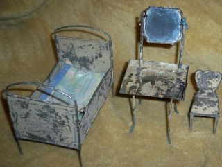 3 Piece Early Tin Victorian Doll Bedroom Set Bed Vanity and Chair