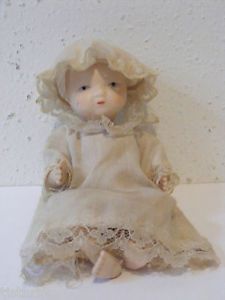 Small 5 5" Moveable Bisque Baby Doll with Old Fashioned Dress Hat Cloth Diaper B