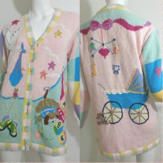 Storybook Knits RARE "Stork Party" Baby Theme Cardigan Sweater Small