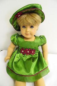 American Girl Bitty Baby Doll Pointsettia Green Satin Holiday Dress Hat
