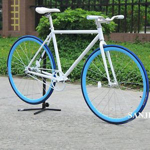 New Fixed Gear Bike White Frame with Blue Rim Complete Both Fixed and Freewheel