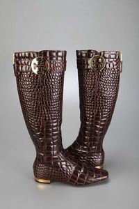Authentic Tory Burch Crocodile Flat Tall Embossed Dark Brown Leather Boots 8M