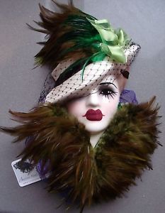 Unique Creations Art Deco Ceramic Wall Mask Olive Green Feathers