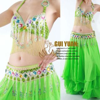  Green Professional Belly Dance Costume Dancewear 2pieces Bra Belt