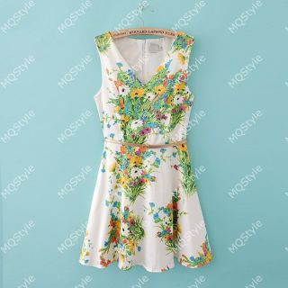 Womens Girls Fashion V Neck Sleeveless Flower Print Mini Dress B2977