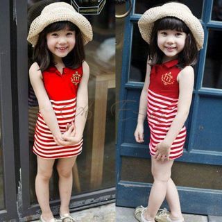 Girl Kid Sleeveless Striped Sailor Polo Slim Dress Casual Costume Ages 2 7 Year