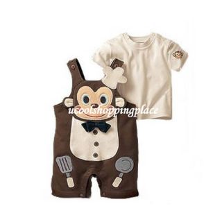 2pcs Kid Baby Boy Girl Top Pants Overalls Romper Cook Monkey Outfit Clothes