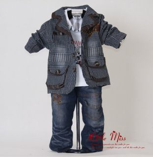 Baby Boys Smart Set 3 Pcs Suit T Shirt Jacket Coat Jean Outfit Age 1 3 Y