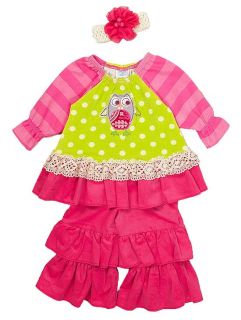 New Baby Girls Boutique Peaches N Cream Sz 12M Pink Lime Owl Outfit Fall Clothes