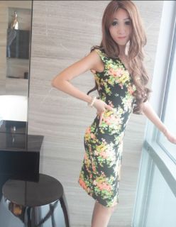 New Womens Chinese Fashion V Neck Flower Print Sexy Cheongsam Dress E788
